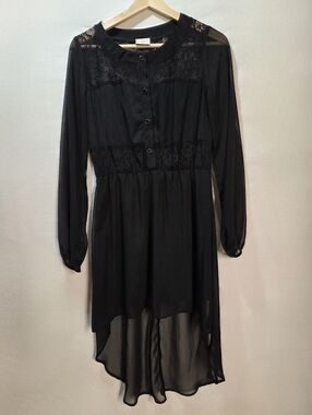 Black Lace High-Low Dress Round Neck Button Front Long Sleeve Sheer Gothic Sz M